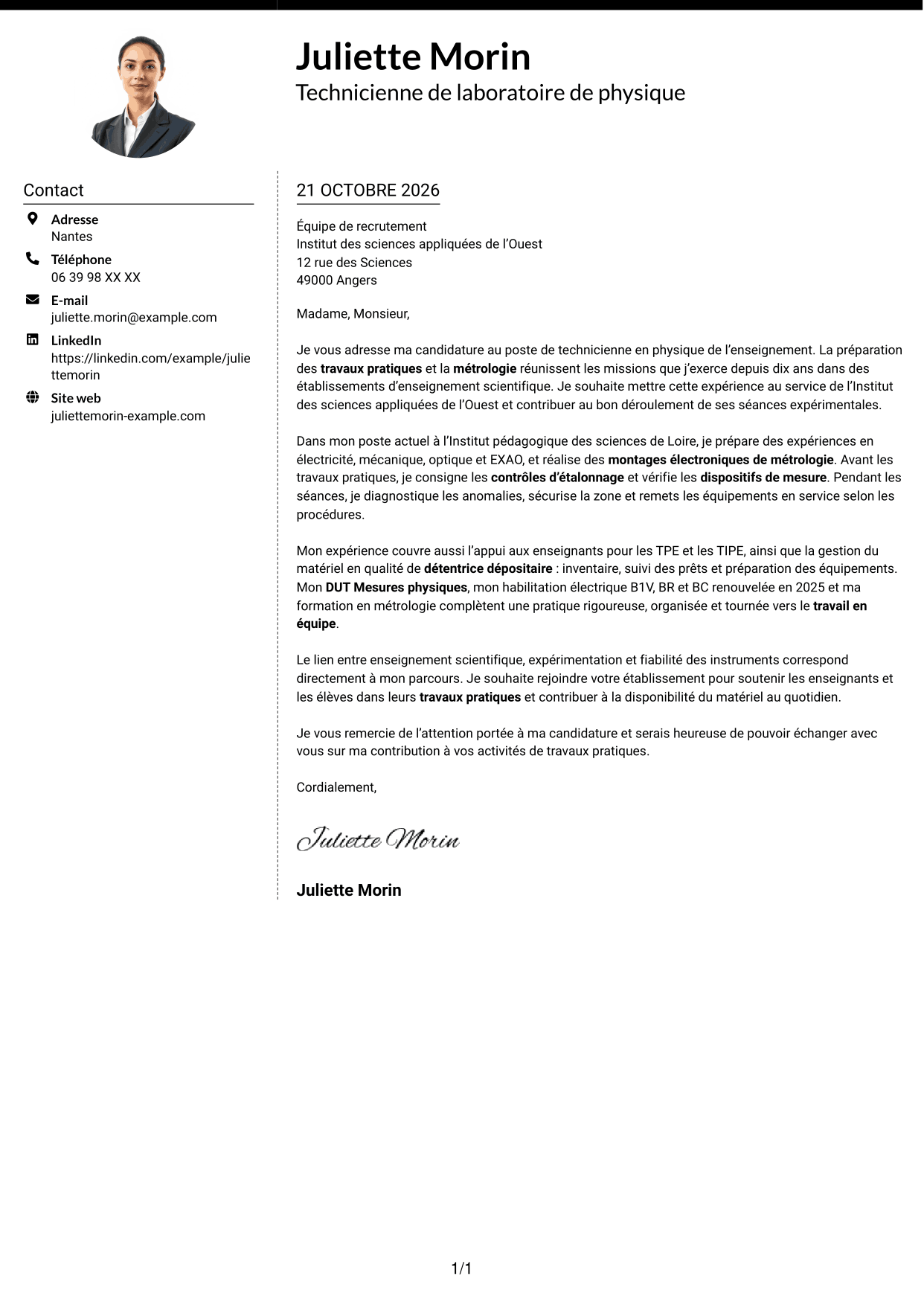 Lettre de motivation Moderne (format à deux colonnes avec photo à gauche et séparateur) : Technicien(ne) en physique de l’enseignement - Travaux pratiques et métrologie, page 1