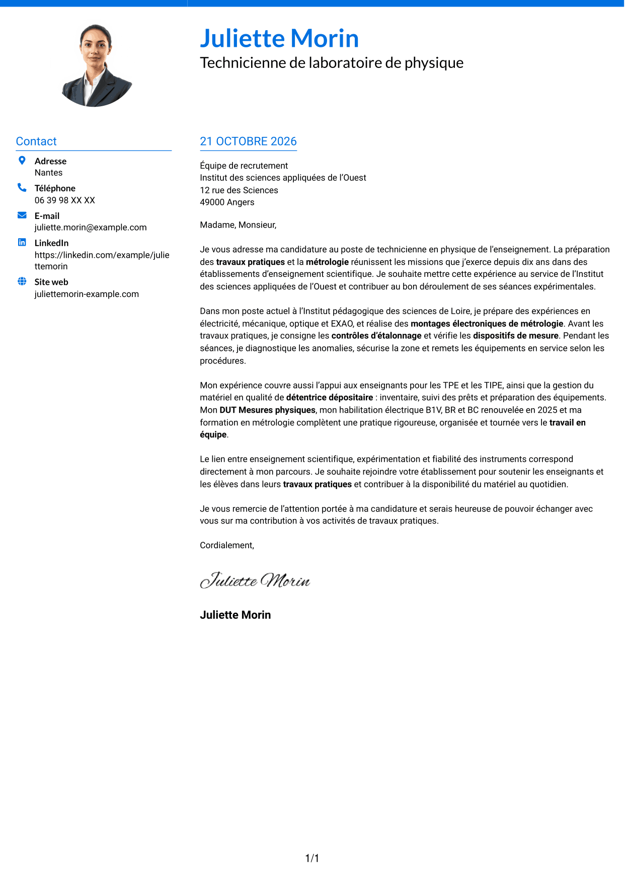 Lettre de motivation Audacieux (format à deux colonnes avec accents colorés et photo) : Technicien(ne) en physique de l’enseignement - Travaux pratiques et métrologie, page 1