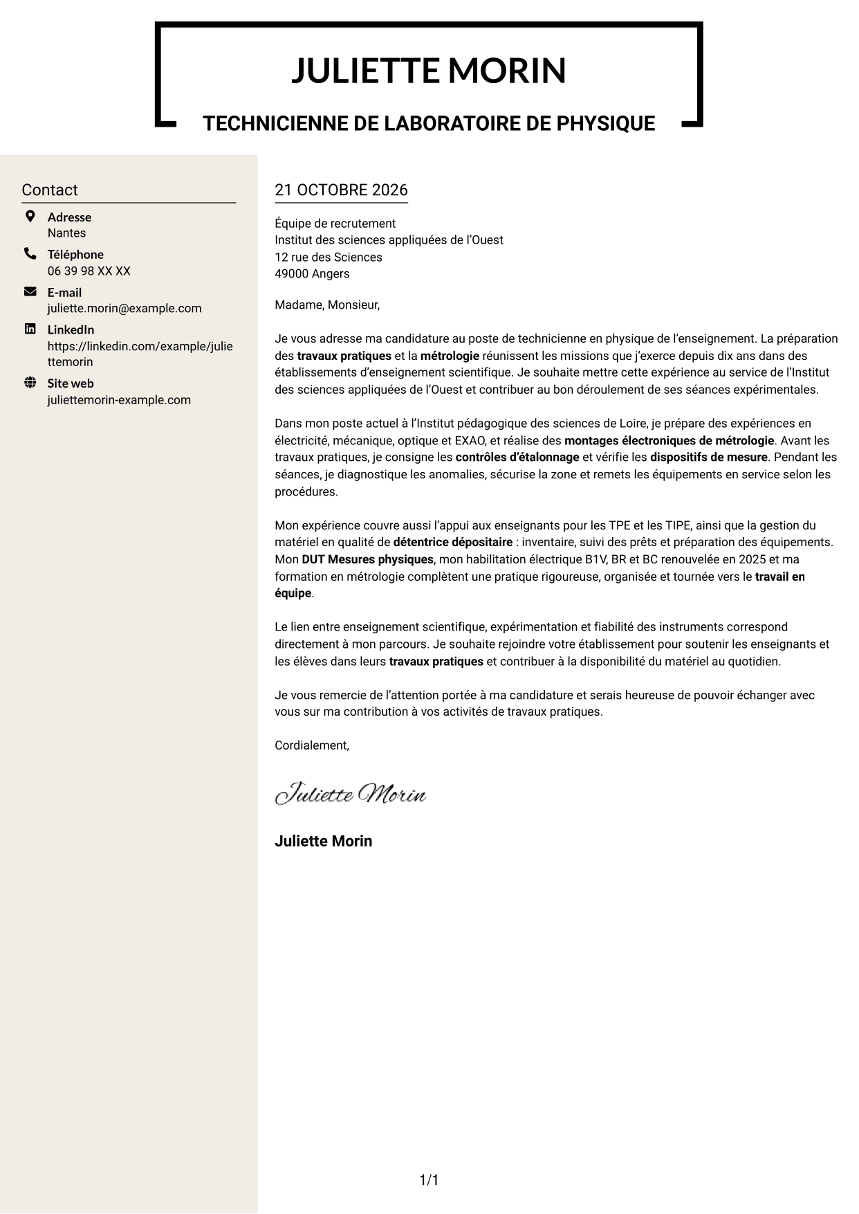 Lettre de motivation Fonceur (format à deux colonnes avec en-tête centré sans photo) : Technicien(ne) en physique de l’enseignement - Travaux pratiques et métrologie, page 1