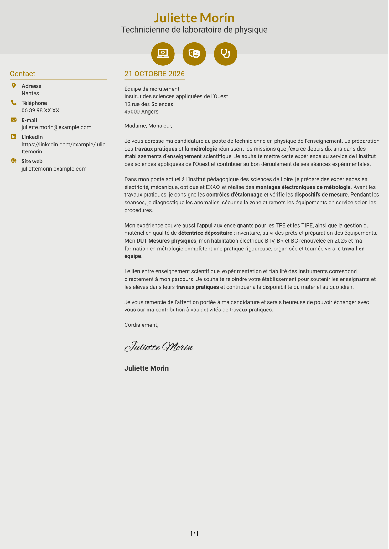Lettre de motivation Dynamique (format à deux colonnes avec icônes) : Technicien(ne) en physique de l’enseignement - Travaux pratiques et métrologie, page 1