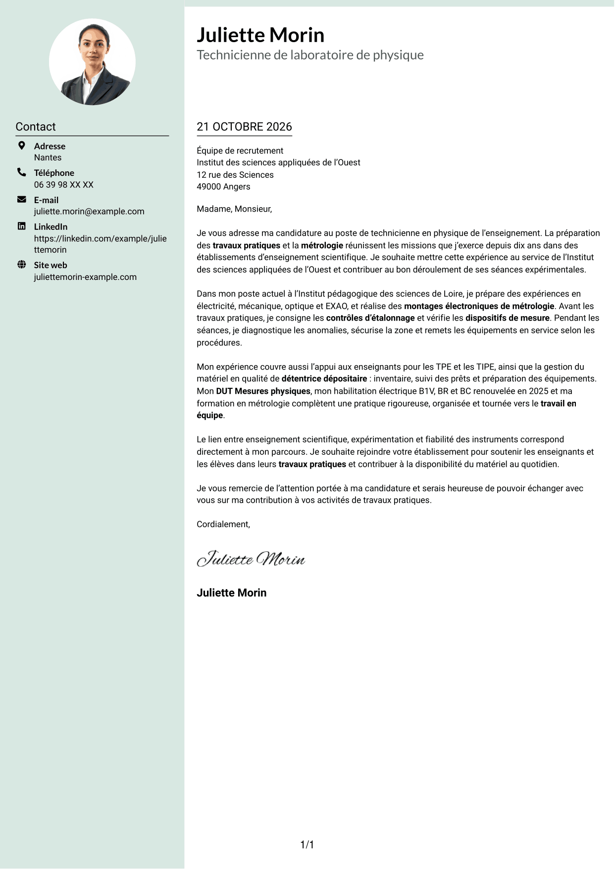 Lettre de motivation Cadre (format à colonne latérale douce avec photo arrondie) : Technicien(ne) en physique de l’enseignement - Travaux pratiques et métrologie, page 1