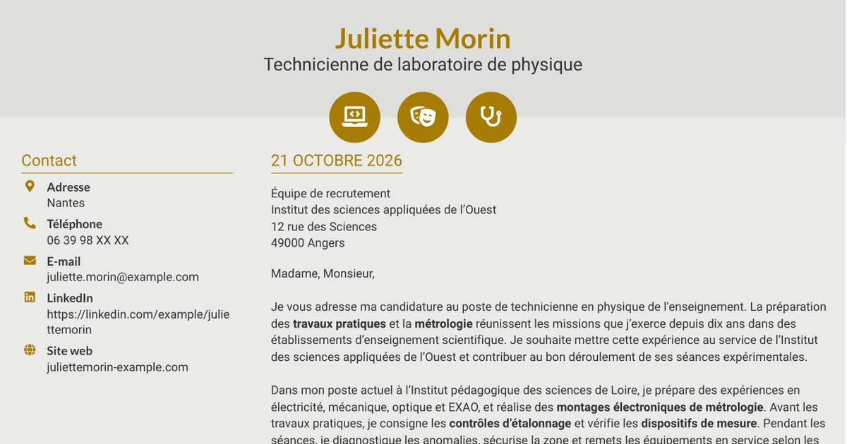 7 modèles de lettre de motivation pour Technicien(ne) en physique de l’enseignement - Travaux pratiques et métrologie, avec exemples