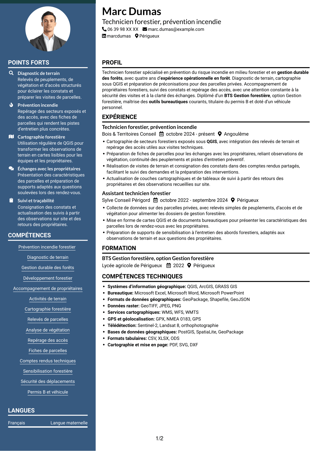 CV Élégant (format à colonne latérale colorée avec photo) : Technicien(ne) Incendie, page 1