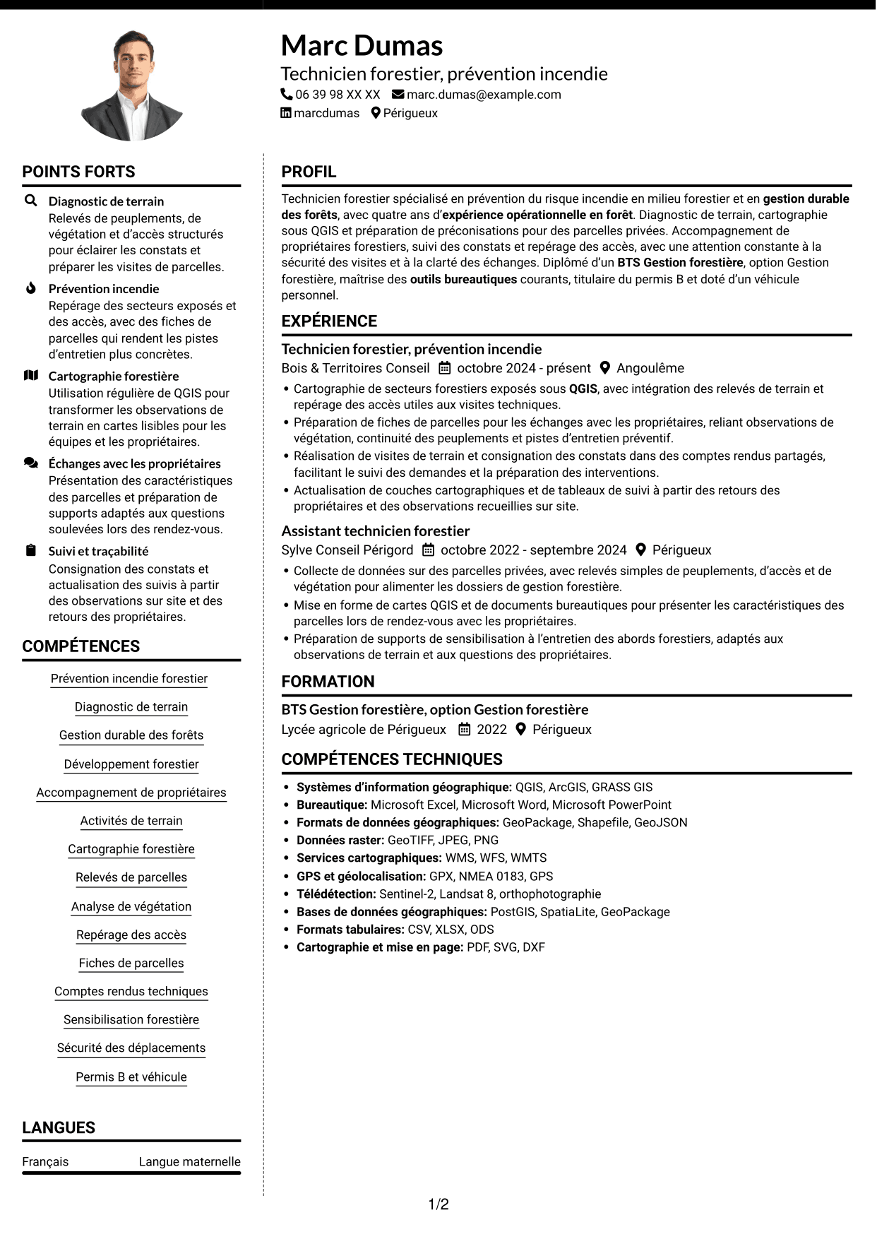 CV Moderne (format à deux colonnes avec photo à gauche et séparateur) : Technicien(ne) Incendie, page 1