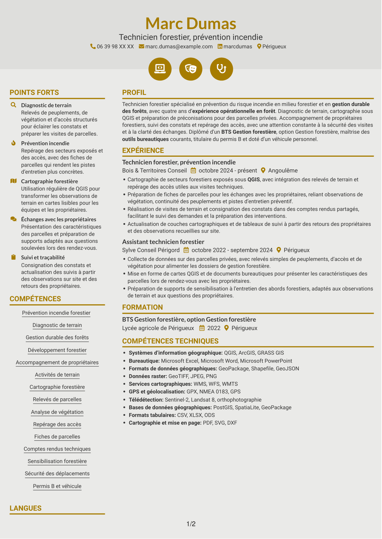 CV Dynamique (format à deux colonnes avec icônes) : Technicien(ne) Incendie, page 1