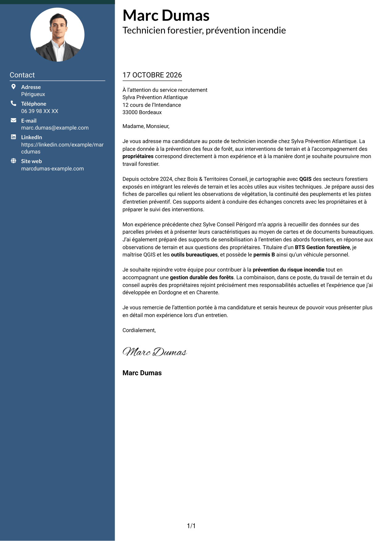 Lettre de motivation Élégant (format à colonne latérale colorée avec photo) : Technicien(ne) Incendie, page 1