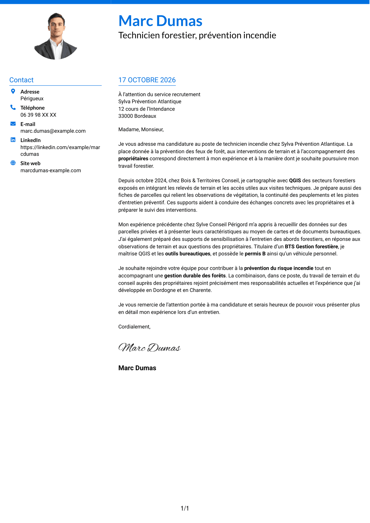 Lettre de motivation Audacieux (format à deux colonnes avec accents colorés et photo) : Technicien(ne) Incendie, page 1
