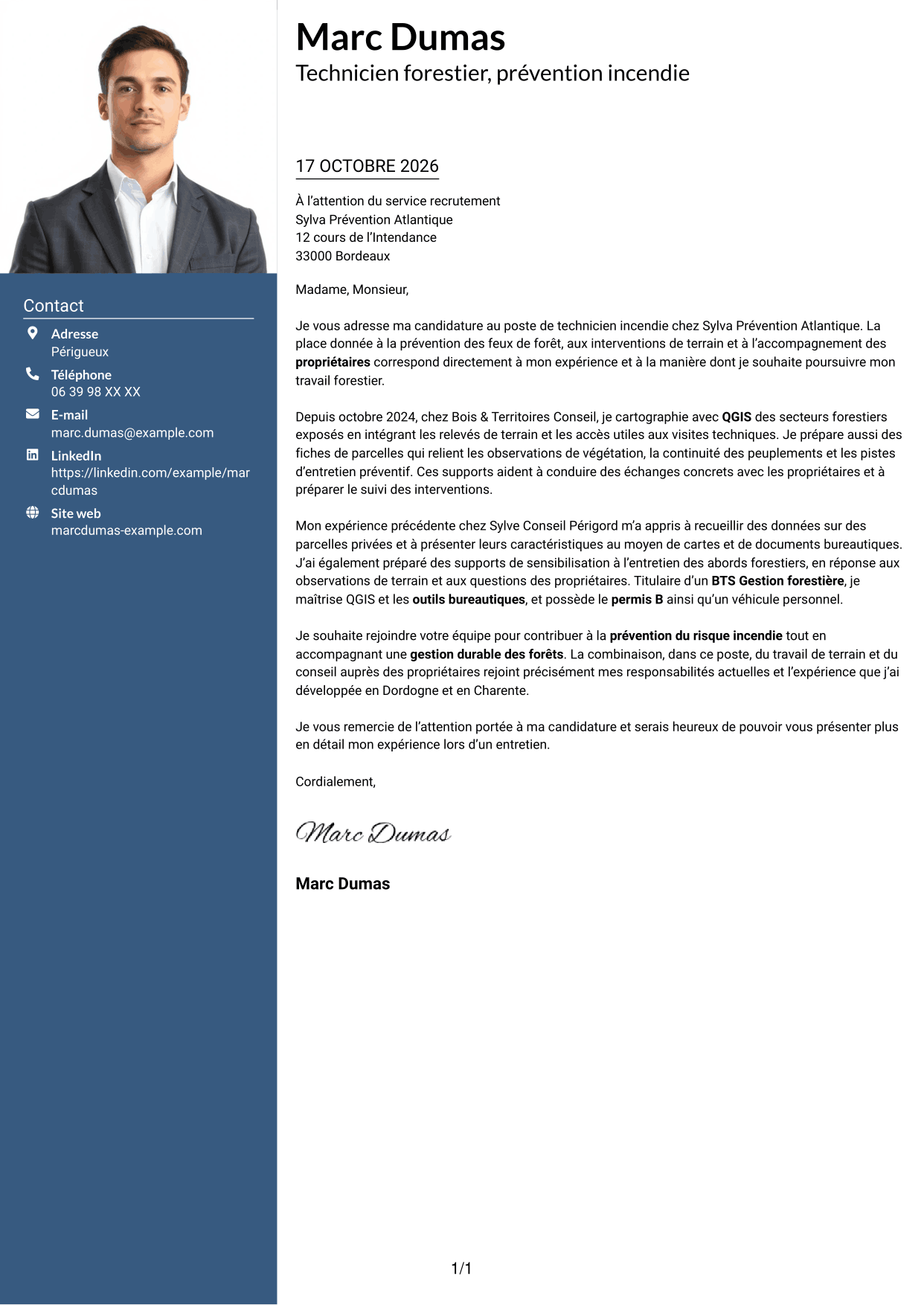 Lettre de motivation Signature (format à colonne latérale colorée avec grande photo) : Technicien(ne) Incendie, page 1