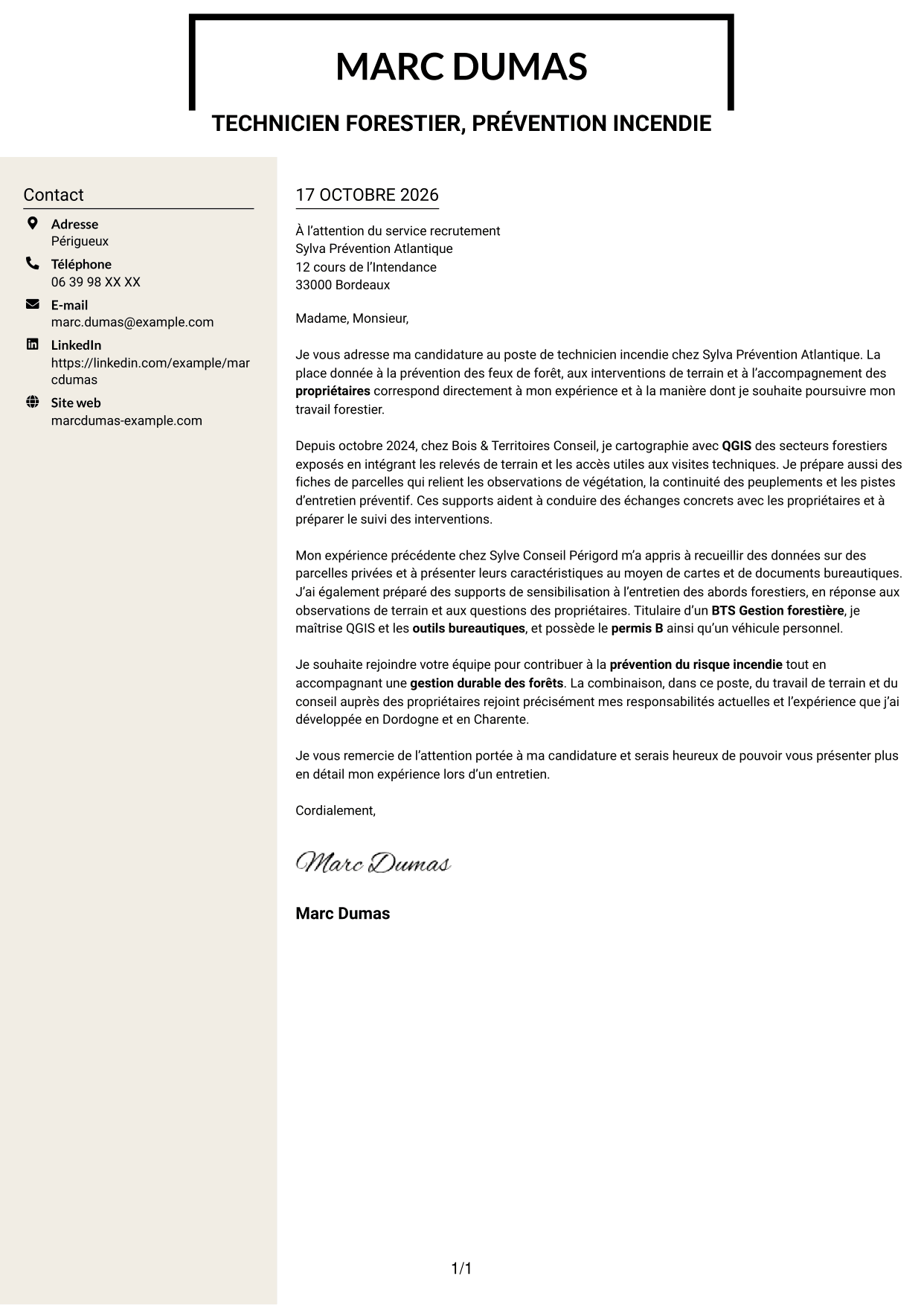 Lettre de motivation Fonceur (format à deux colonnes avec en-tête centré sans photo) : Technicien(ne) Incendie, page 1