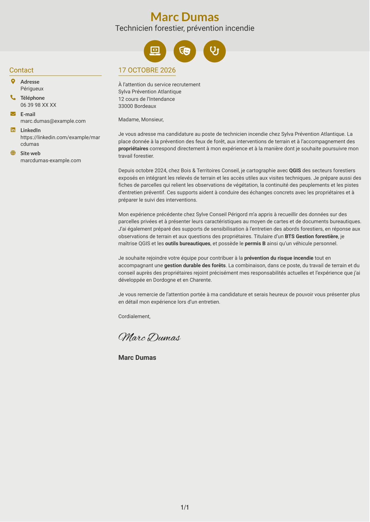 Lettre de motivation Dynamique (format à deux colonnes avec icônes) : Technicien(ne) Incendie, page 1