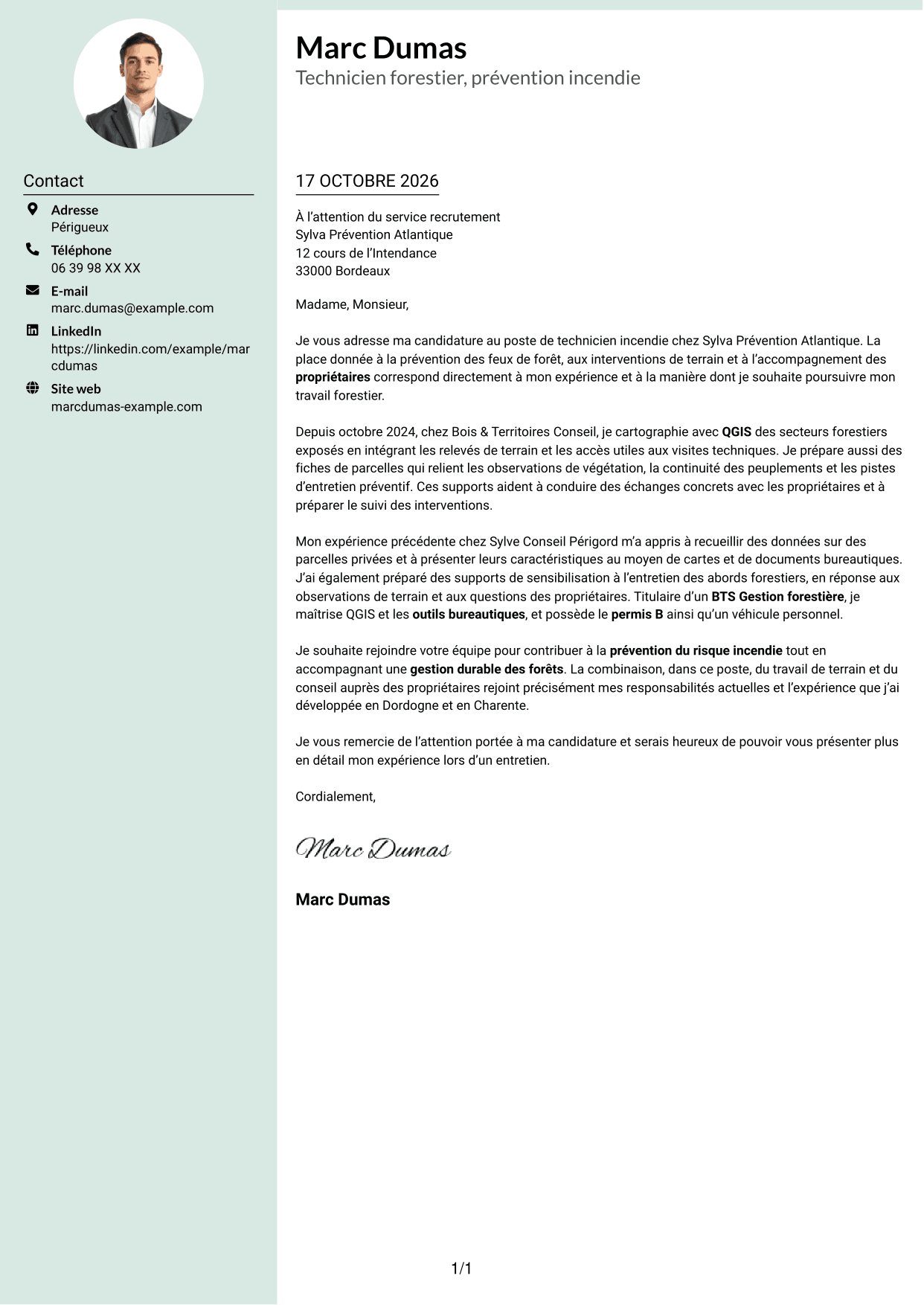 Lettre de motivation Cadre (format à colonne latérale douce avec photo arrondie) : Technicien(ne) Incendie, page 1