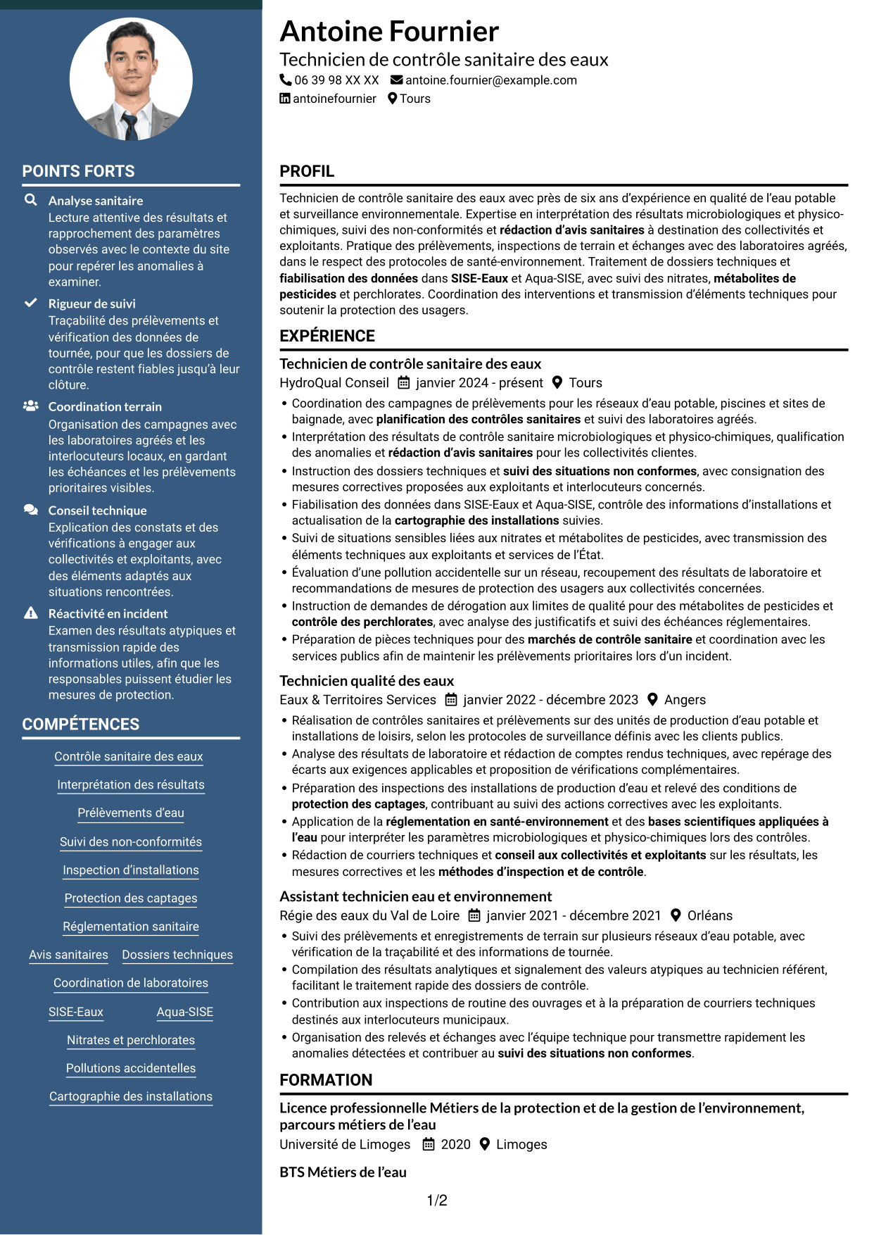 CV Élégant (format à colonne latérale colorée avec photo) : Technicien sanitaire et de sécurité sanitaire - Contrôle sanitaire des eaux, page 1