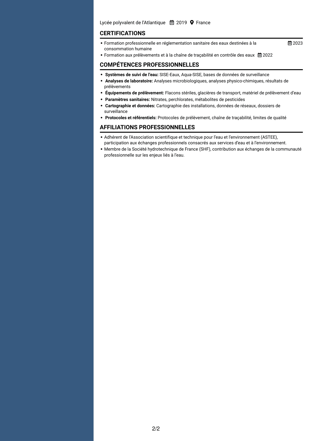 CV Élégant (format à colonne latérale colorée avec photo) : Technicien sanitaire et de sécurité sanitaire - Contrôle sanitaire des eaux, page 2