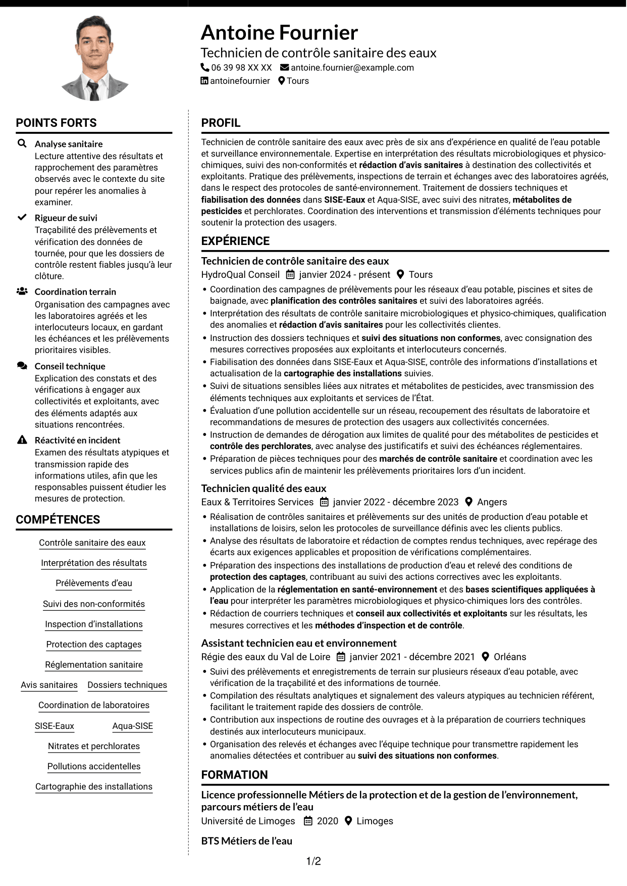 CV Moderne (format à deux colonnes avec photo à gauche et séparateur) : Technicien sanitaire et de sécurité sanitaire - Contrôle sanitaire des eaux, page 1