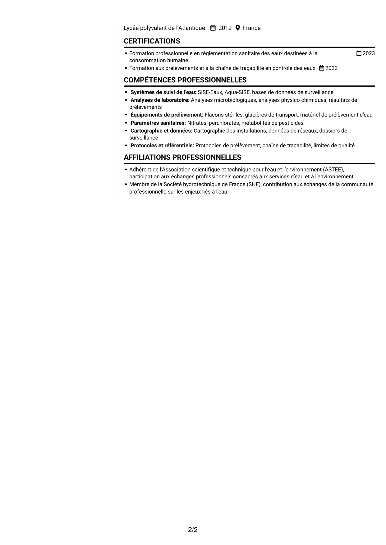 CV Moderne (format à deux colonnes avec photo à gauche et séparateur) : Technicien sanitaire et de sécurité sanitaire - Contrôle sanitaire des eaux, page 2