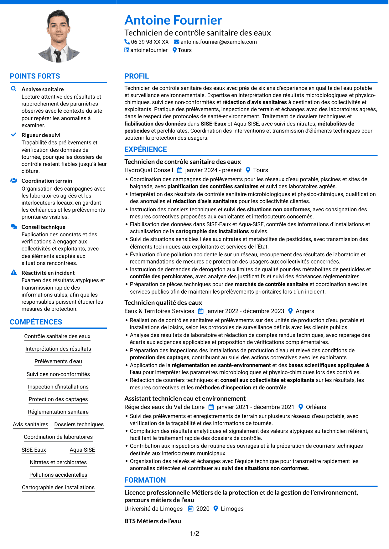 CV Audacieux (format à deux colonnes avec accents colorés et photo) : Technicien sanitaire et de sécurité sanitaire - Contrôle sanitaire des eaux, page 1