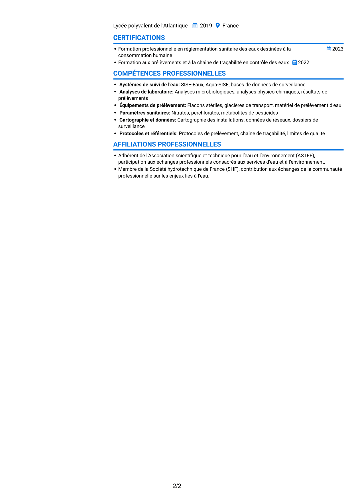CV Audacieux (format à deux colonnes avec accents colorés et photo) : Technicien sanitaire et de sécurité sanitaire - Contrôle sanitaire des eaux, page 2