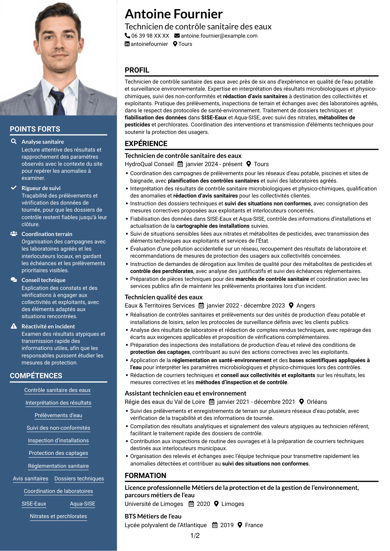 CV Signature (format à colonne latérale colorée avec grande photo) : Technicien sanitaire et de sécurité sanitaire - Contrôle sanitaire des eaux, page 1