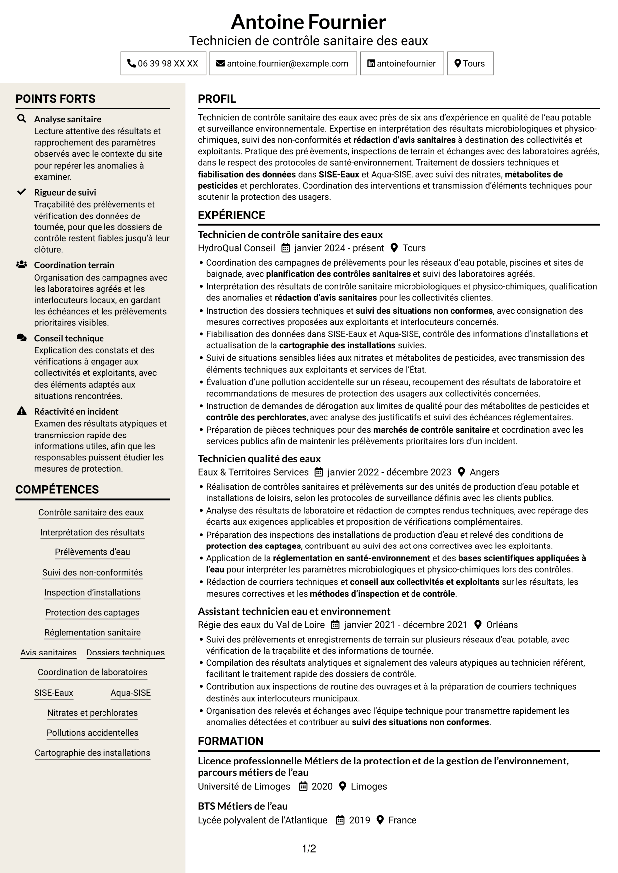 CV Fonceur (format à deux colonnes avec en-tête centré sans photo) : Technicien sanitaire et de sécurité sanitaire - Contrôle sanitaire des eaux, page 1
