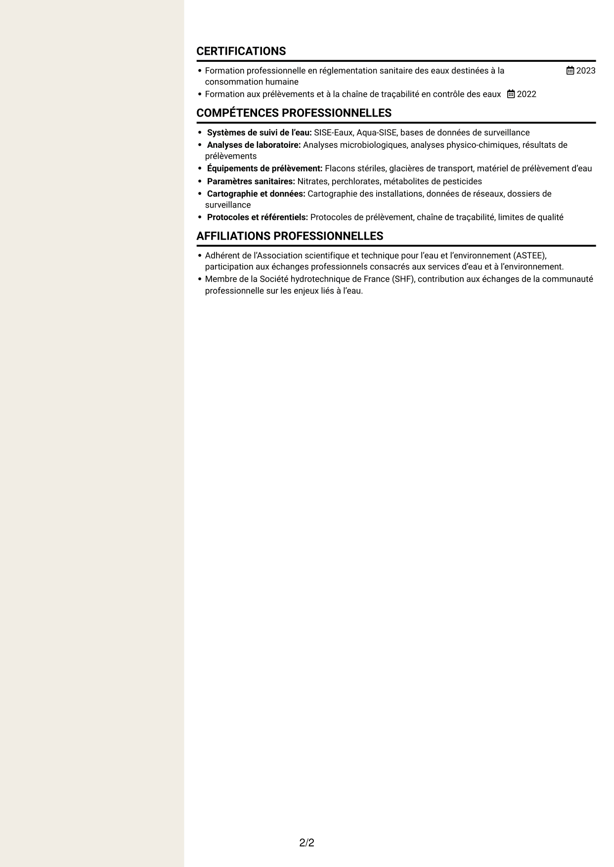CV Fonceur (format à deux colonnes avec en-tête centré sans photo) : Technicien sanitaire et de sécurité sanitaire - Contrôle sanitaire des eaux, page 2