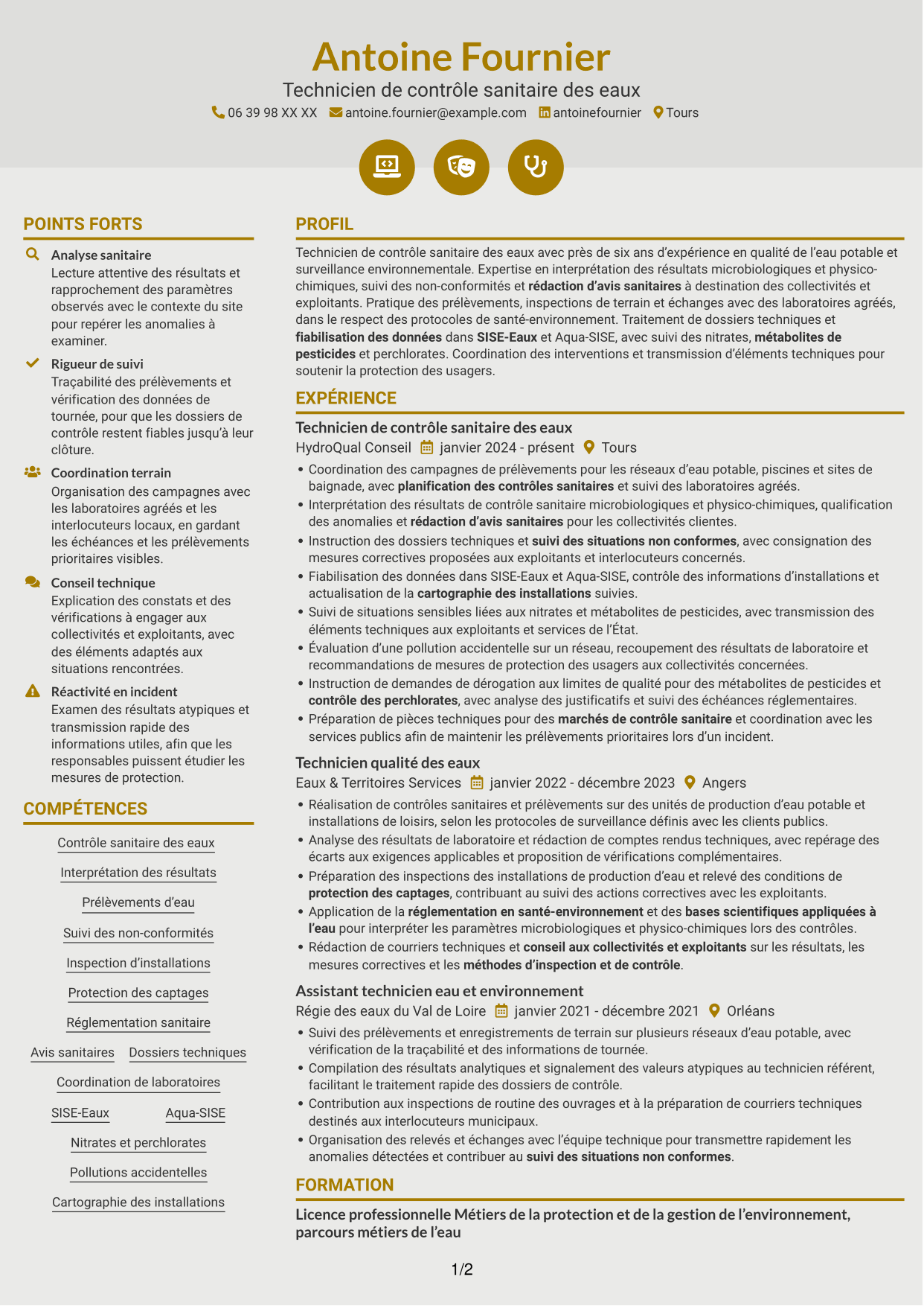 CV Dynamique (format à deux colonnes avec icônes) : Technicien sanitaire et de sécurité sanitaire - Contrôle sanitaire des eaux, page 1