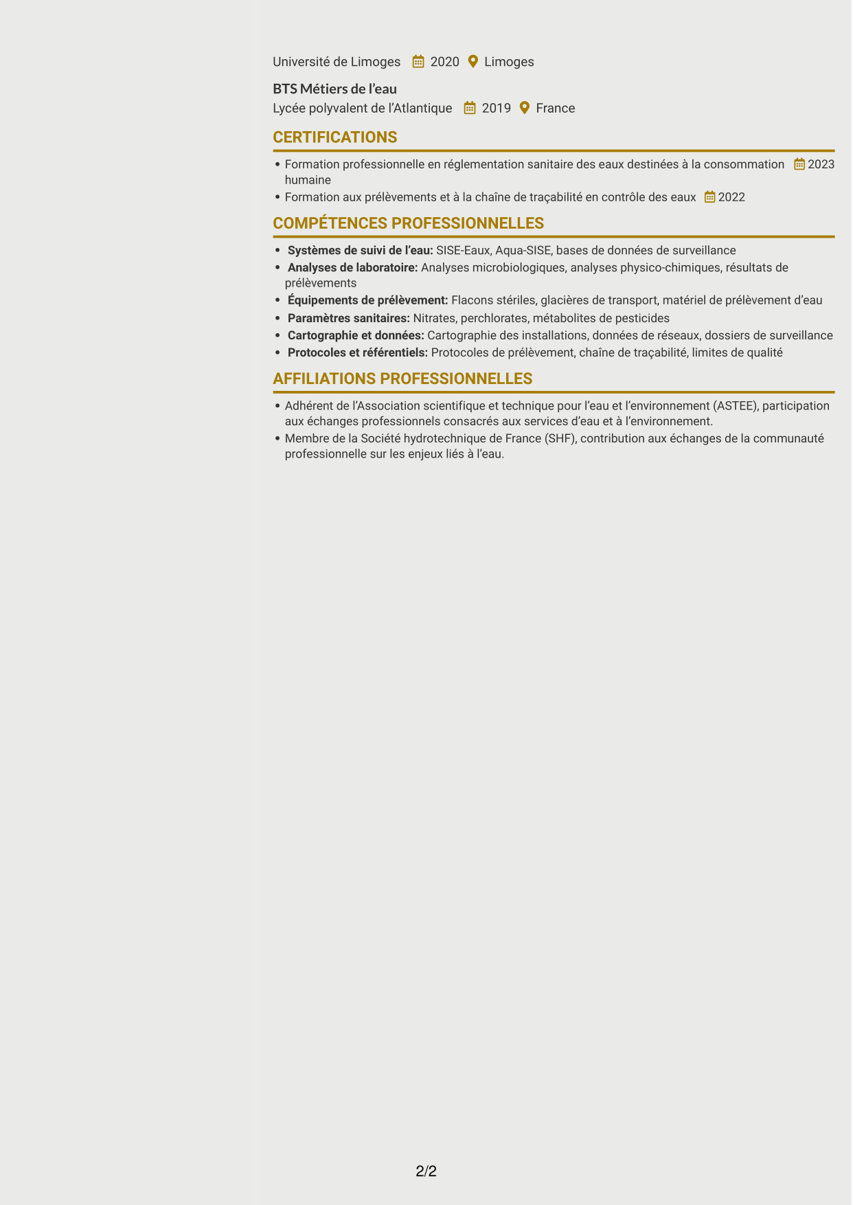 CV Dynamique (format à deux colonnes avec icônes) : Technicien sanitaire et de sécurité sanitaire - Contrôle sanitaire des eaux, page 2