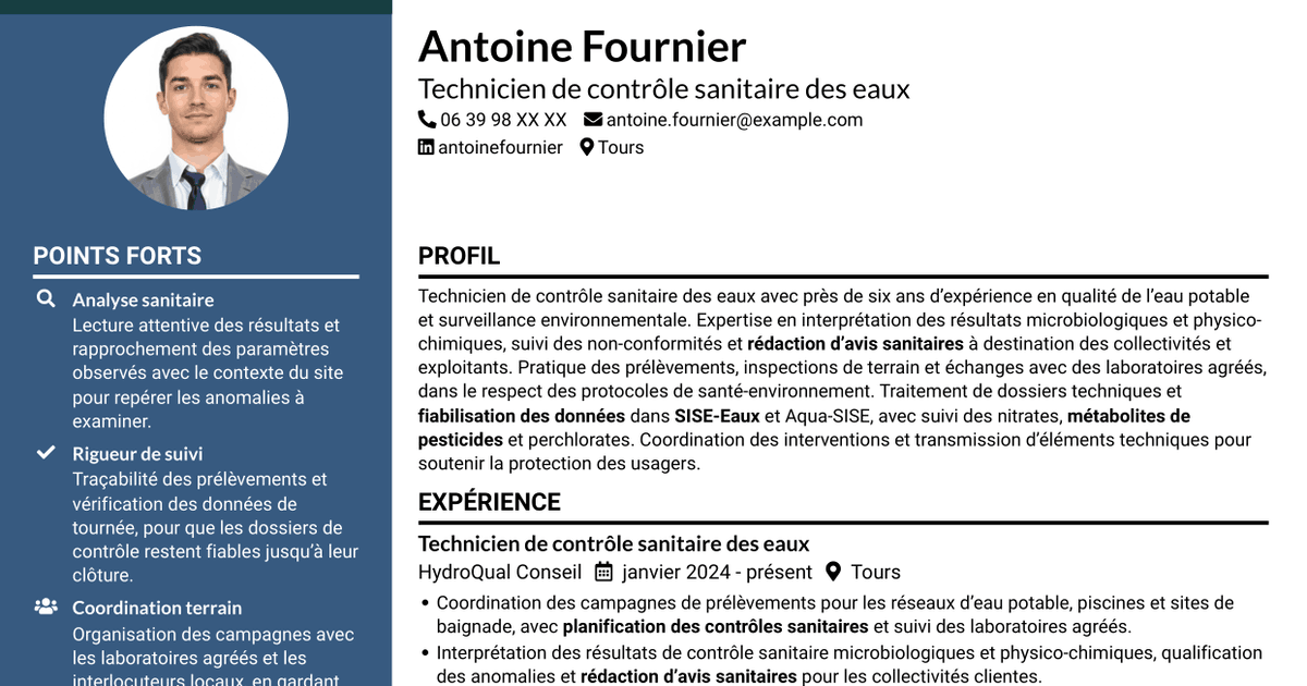 7 modèles de CV pour Technicien sanitaire et de sécurité sanitaire - Contrôle sanitaire des eaux, avec exemples