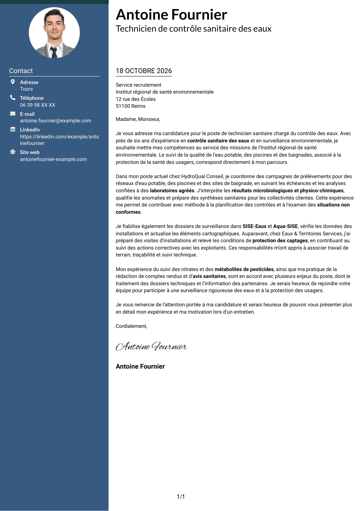 Lettre de motivation Élégant (format à colonne latérale colorée avec photo) : Technicien sanitaire et de sécurité sanitaire - Contrôle sanitaire des eaux, page 1