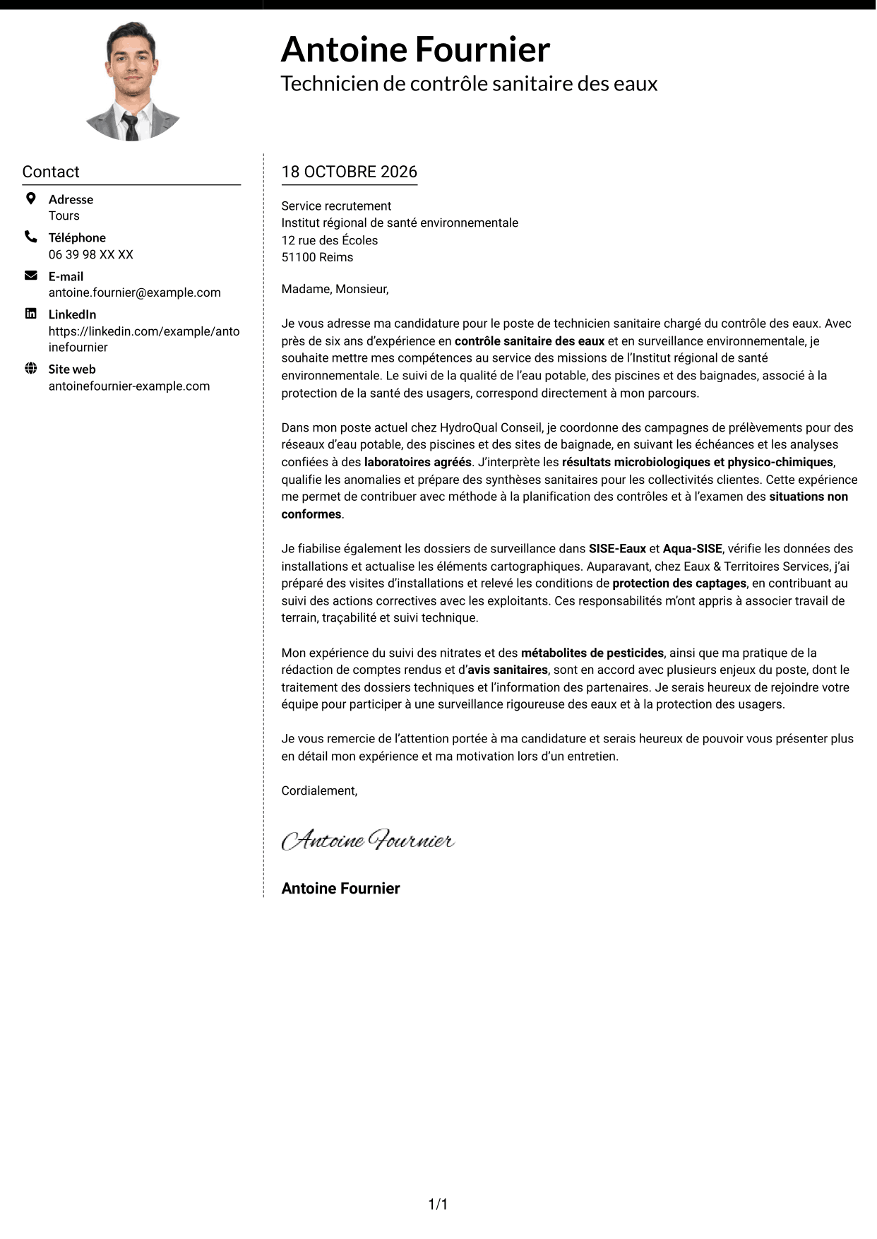 Lettre de motivation Moderne (format à deux colonnes avec photo à gauche et séparateur) : Technicien sanitaire et de sécurité sanitaire - Contrôle sanitaire des eaux, page 1