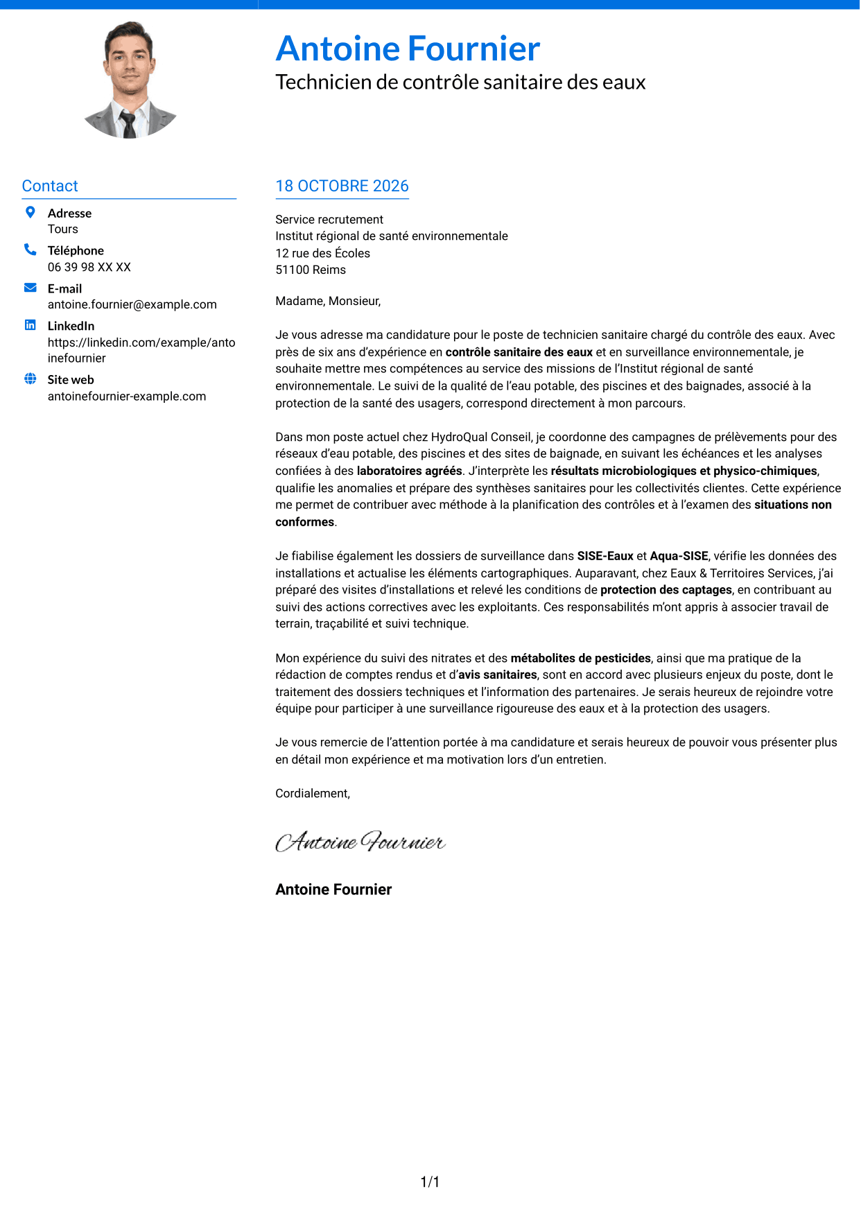 Lettre de motivation Audacieux (format à deux colonnes avec accents colorés et photo) : Technicien sanitaire et de sécurité sanitaire - Contrôle sanitaire des eaux, page 1