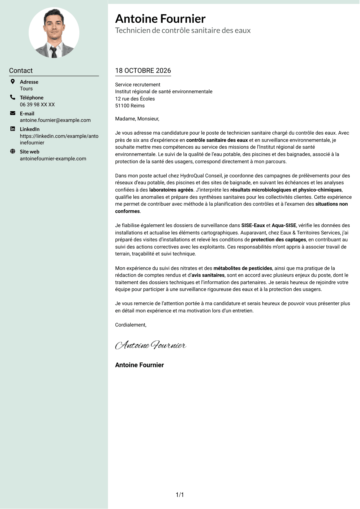 Lettre de motivation Cadre (format à colonne latérale douce avec photo arrondie) : Technicien sanitaire et de sécurité sanitaire - Contrôle sanitaire des eaux, page 1