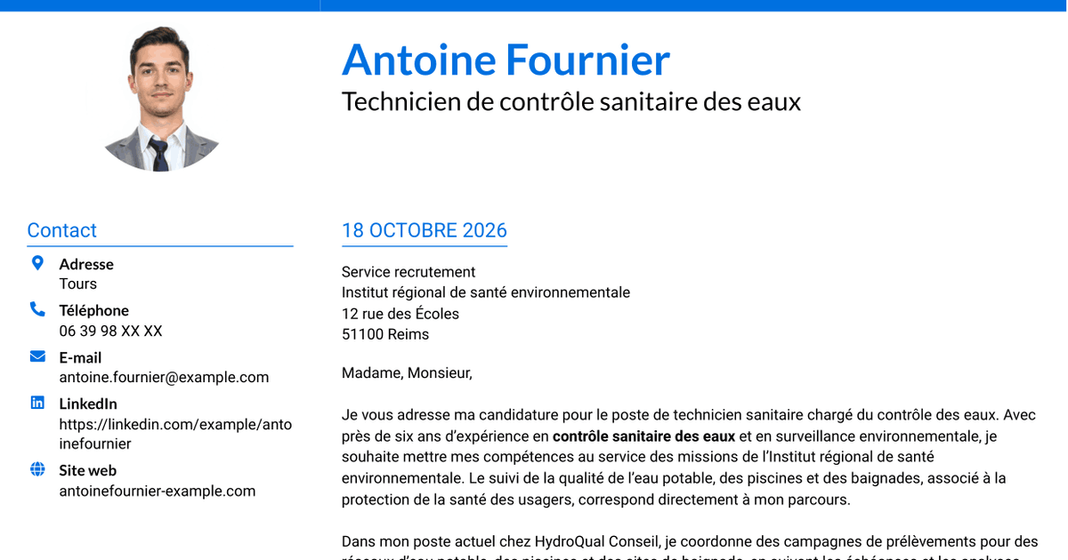 7 modèles de lettre de motivation pour Technicien sanitaire et de sécurité sanitaire - Contrôle sanitaire des eaux, avec exemples