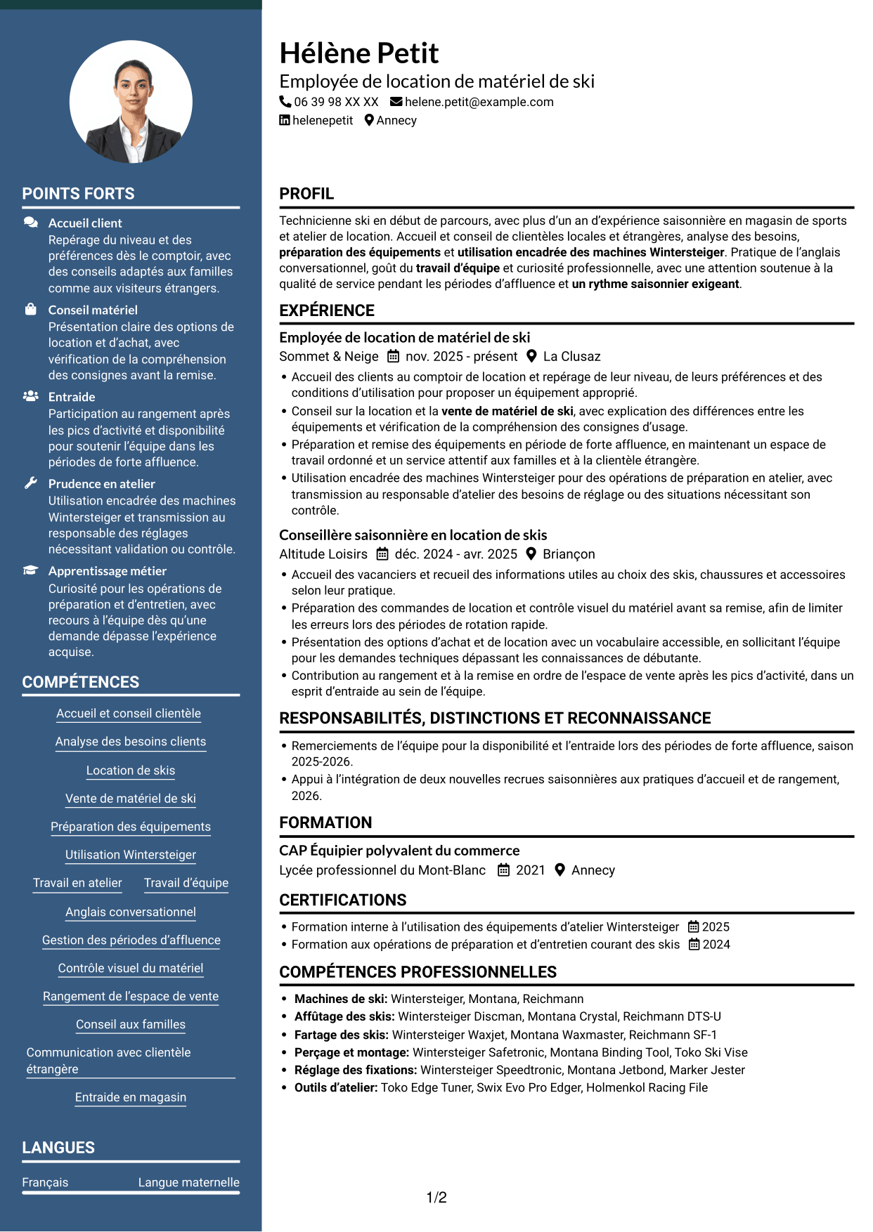 CV Élégant (format à colonne latérale colorée avec photo) : Technicien ski, page 1