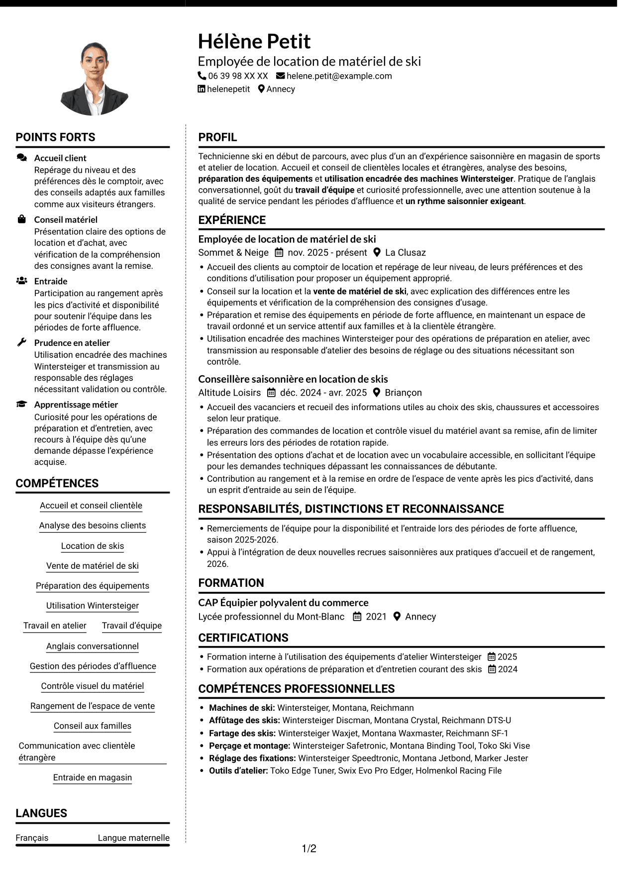 CV Moderne (format à deux colonnes avec photo à gauche et séparateur) : Technicien ski, page 1