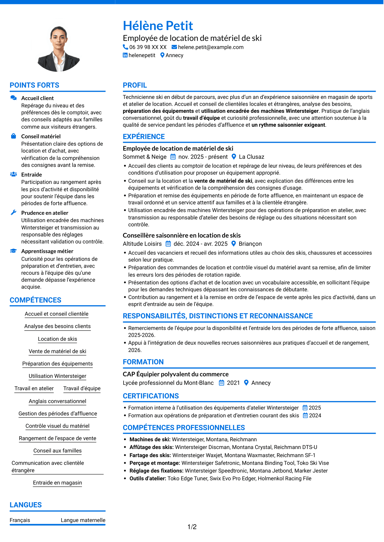 CV Audacieux (format à deux colonnes avec accents colorés et photo) : Technicien ski, page 1