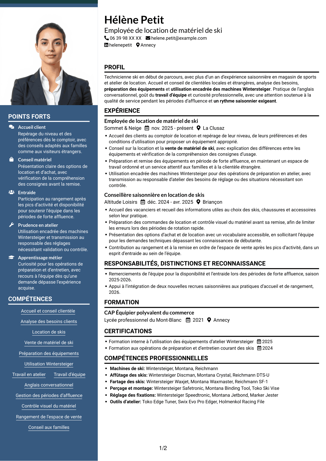 CV Signature (format à colonne latérale colorée avec grande photo) : Technicien ski, page 1