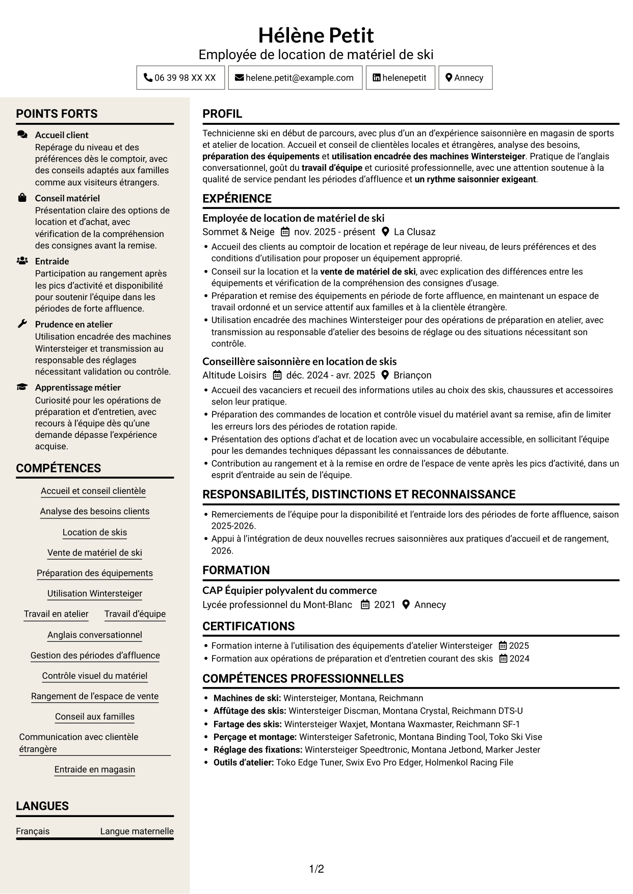 CV Fonceur (format à deux colonnes avec en-tête centré sans photo) : Technicien ski, page 1
