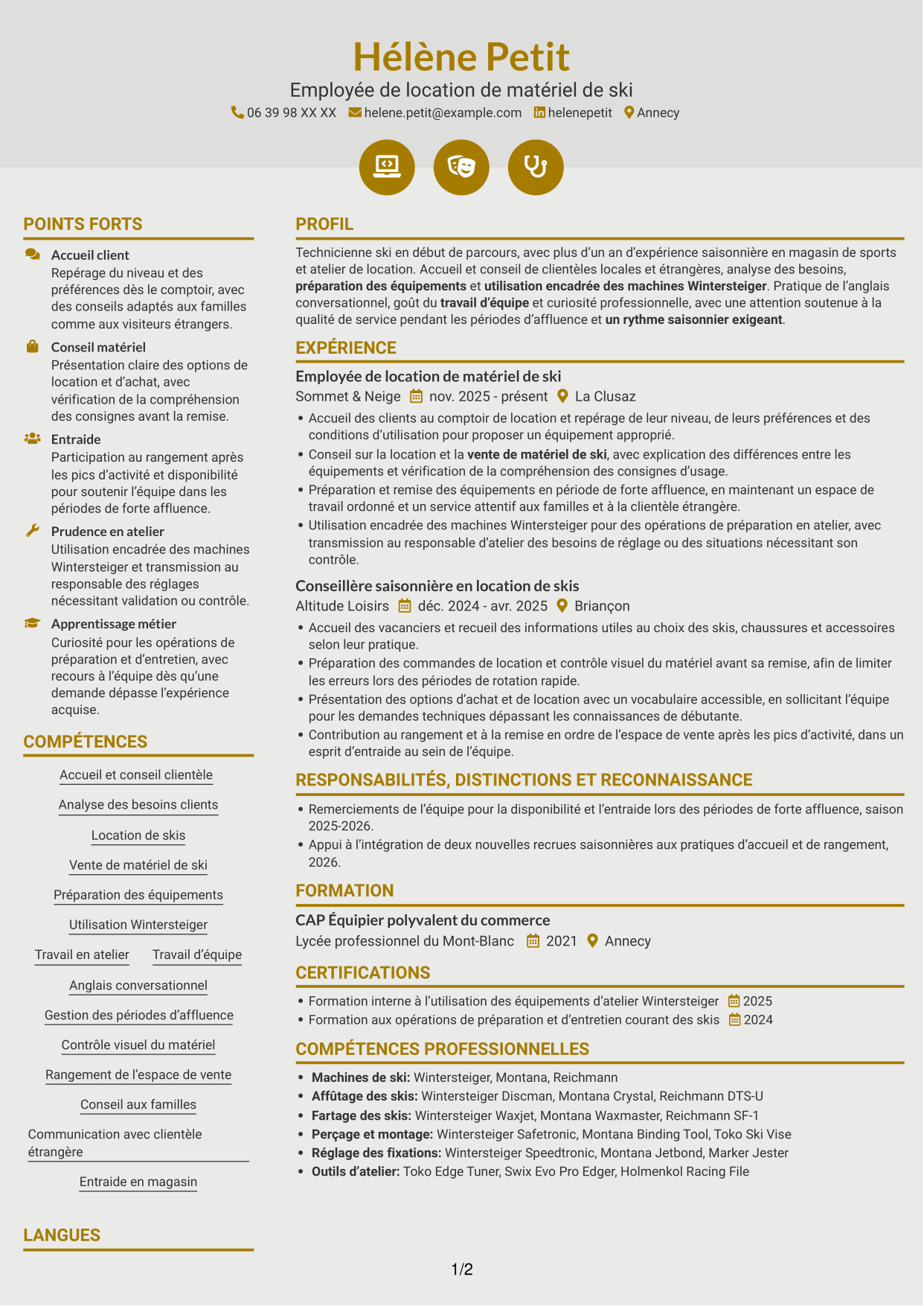 CV Dynamique (format à deux colonnes avec icônes) : Technicien ski, page 1
