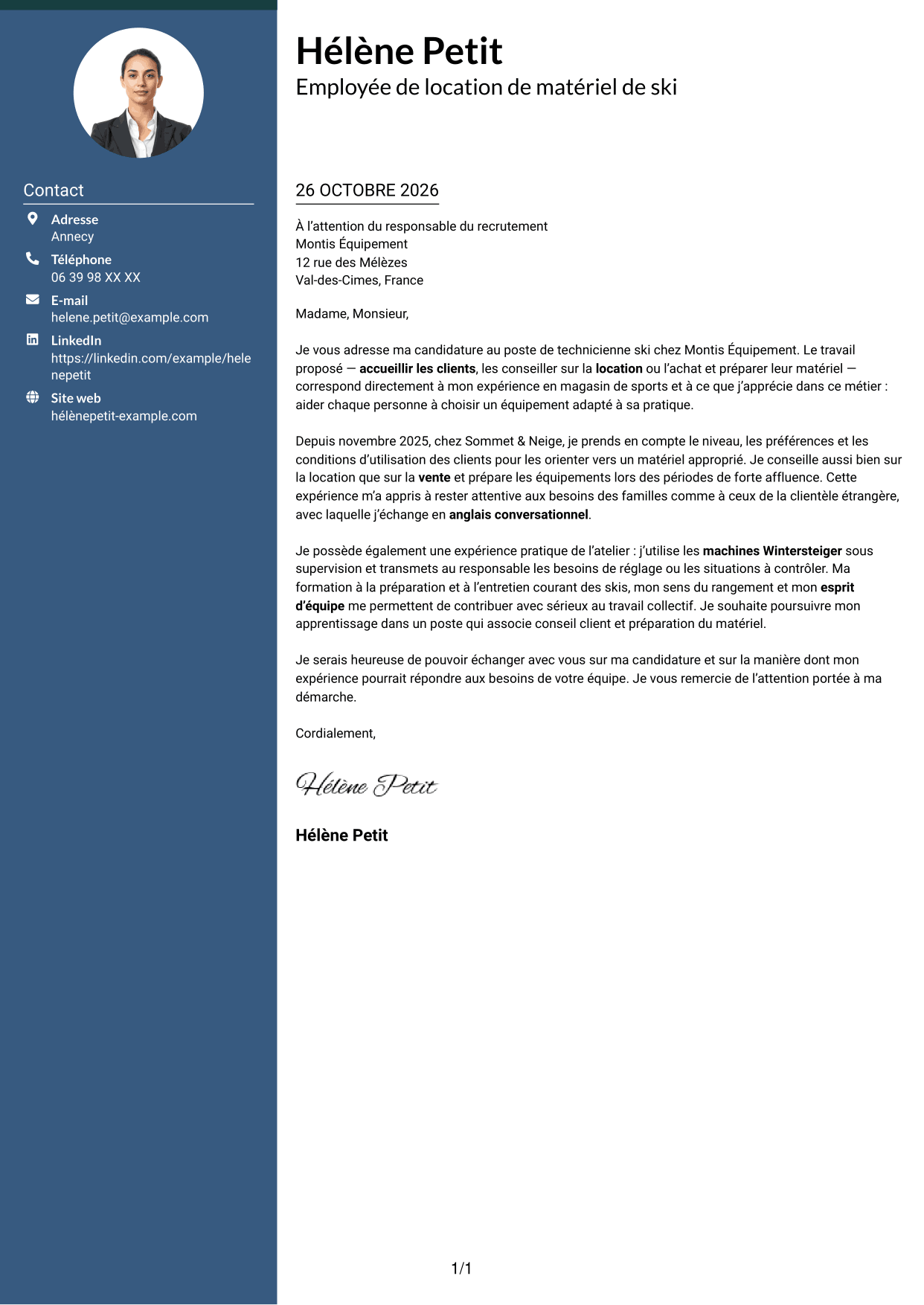 Lettre de motivation Élégant (format à colonne latérale colorée avec photo) : Technicien ski, page 1