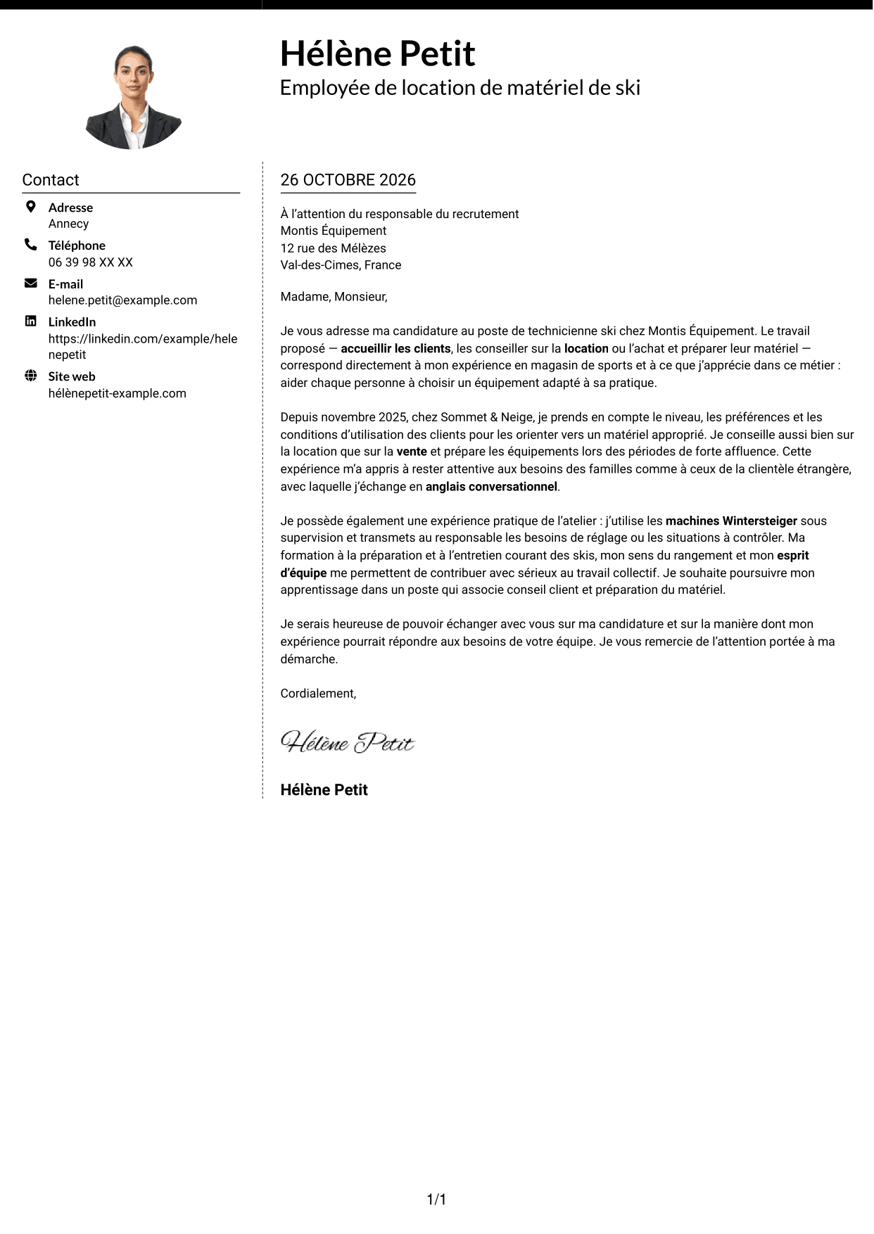 Lettre de motivation Moderne (format à deux colonnes avec photo à gauche et séparateur) : Technicien ski, page 1