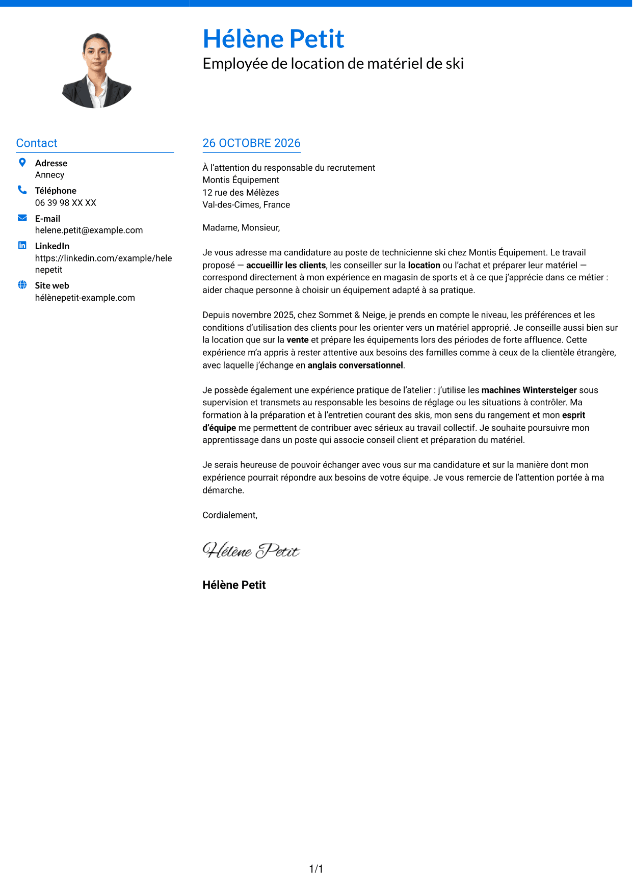 Lettre de motivation Audacieux (format à deux colonnes avec accents colorés et photo) : Technicien ski, page 1