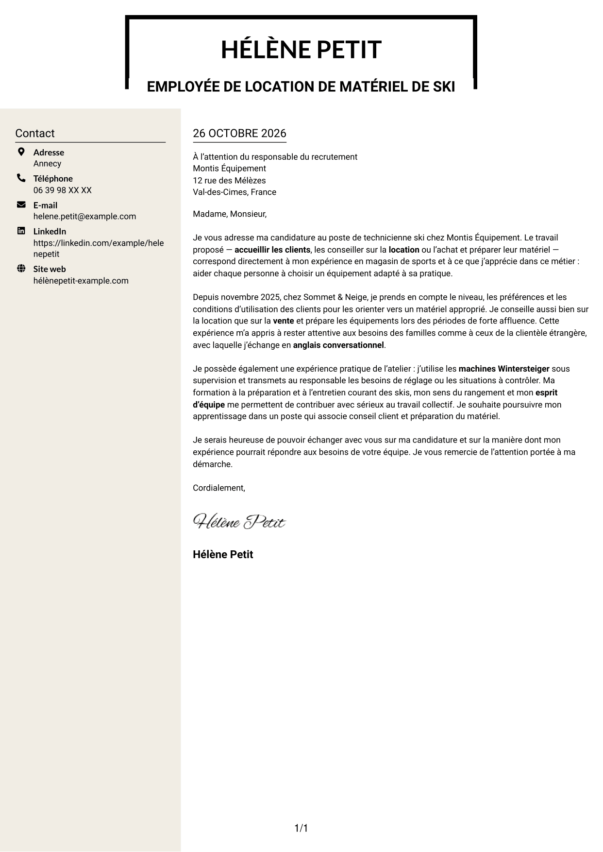 Lettre de motivation Fonceur (format à deux colonnes avec en-tête centré sans photo) : Technicien ski, page 1