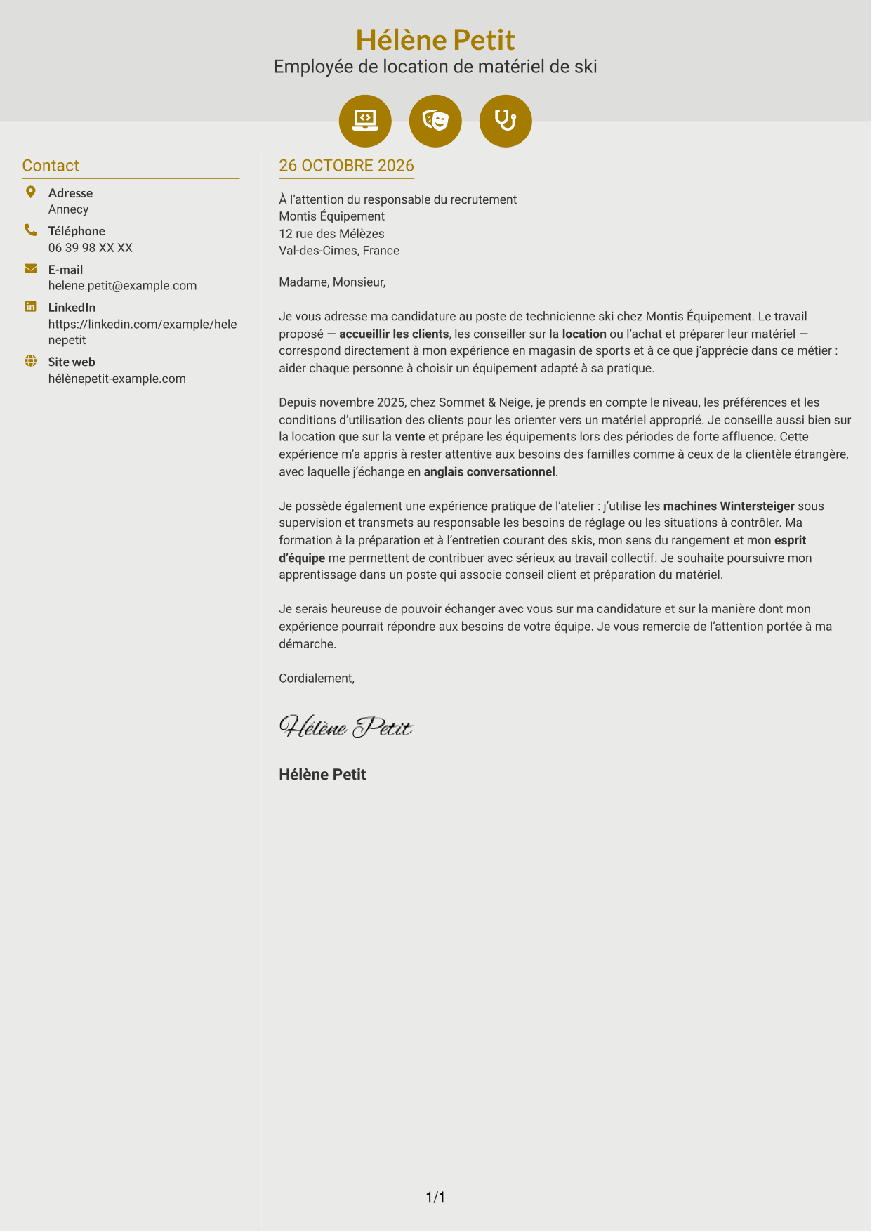 Lettre de motivation Dynamique (format à deux colonnes avec icônes) : Technicien ski, page 1