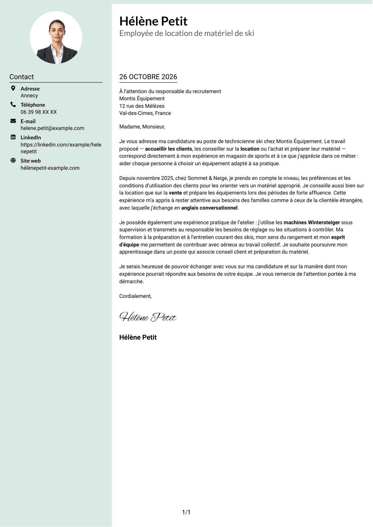 Lettre de motivation Cadre (format à colonne latérale douce avec photo arrondie) : Technicien ski, page 1