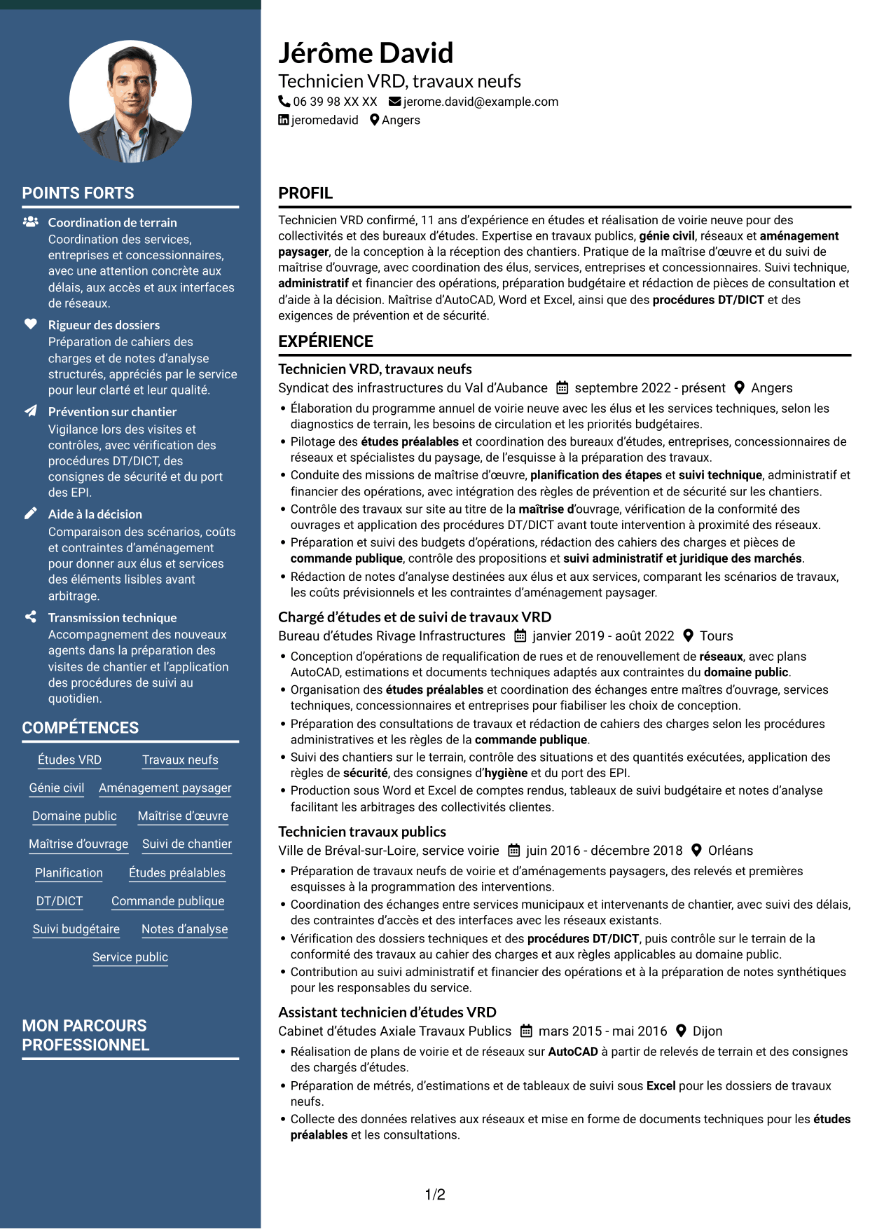 CV Élégant (format à colonne latérale colorée avec photo) : Technicien VRD - travaux neufs, page 1