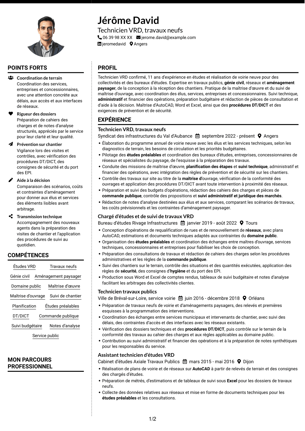 CV Moderne (format à deux colonnes avec photo à gauche et séparateur) : Technicien VRD - travaux neufs, page 1
