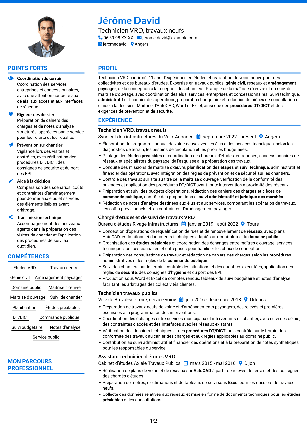 CV Audacieux (format à deux colonnes avec accents colorés et photo) : Technicien VRD - travaux neufs, page 1