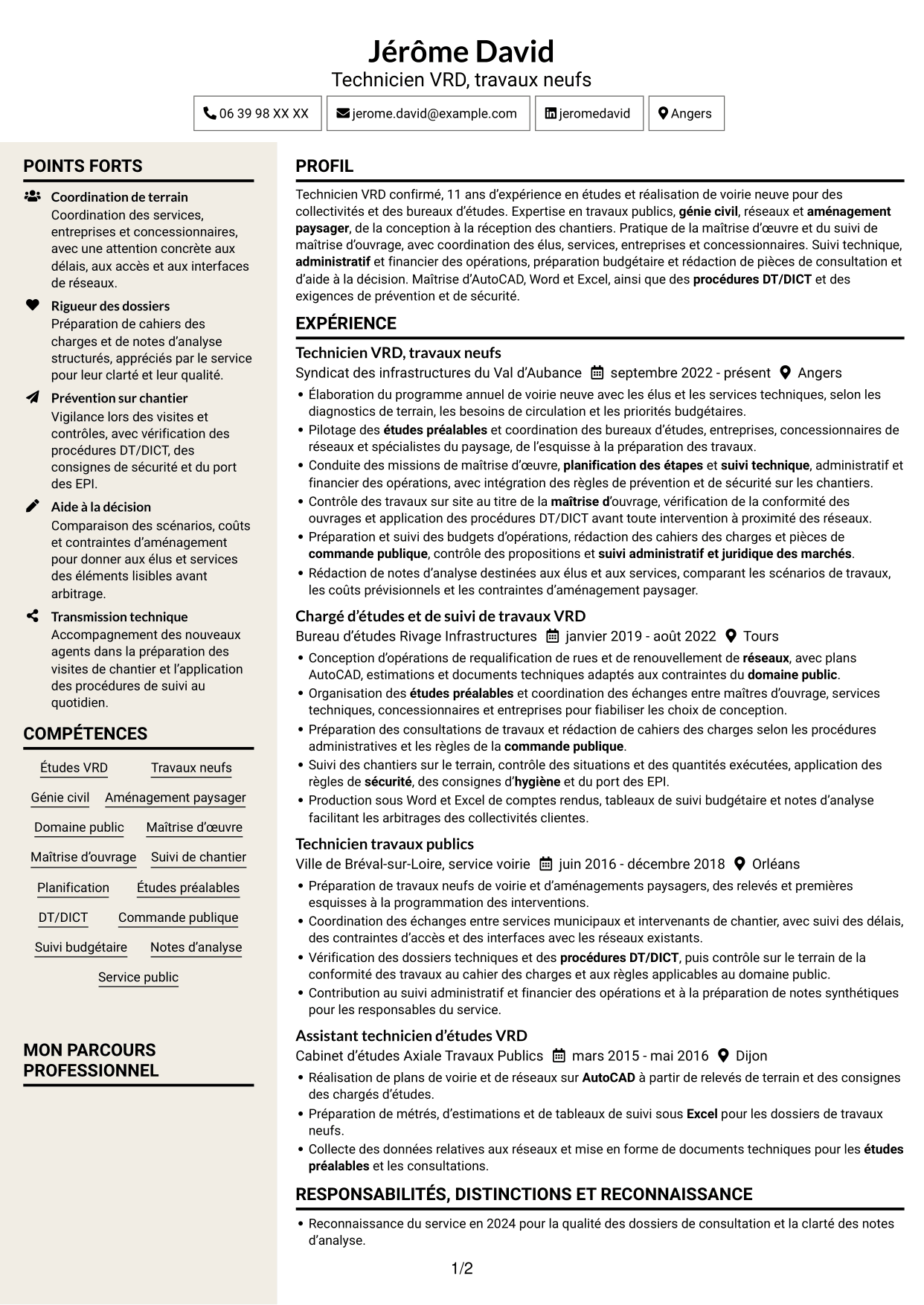 CV Fonceur (format à deux colonnes avec en-tête centré sans photo) : Technicien VRD - travaux neufs, page 1