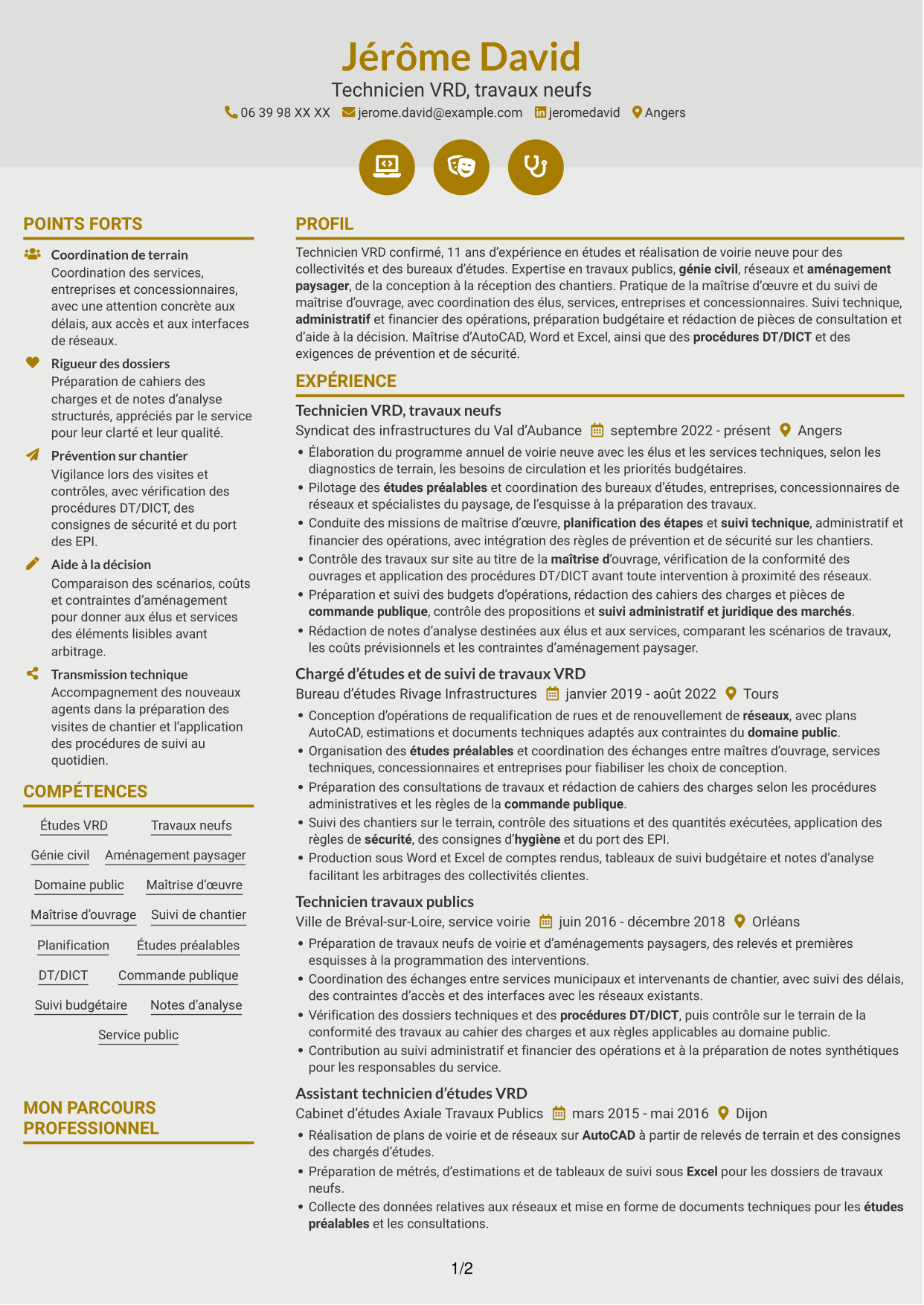 CV Dynamique (format à deux colonnes avec icônes) : Technicien VRD - travaux neufs, page 1