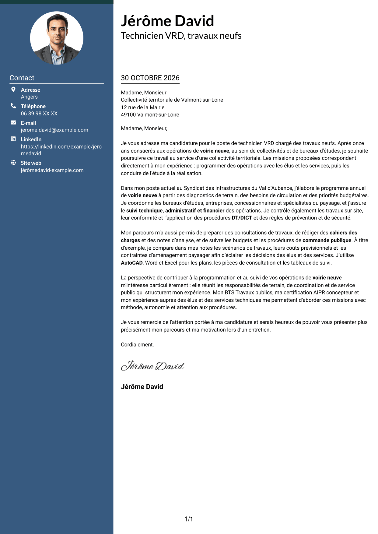 Lettre de motivation Élégant (format à colonne latérale colorée avec photo) : Technicien VRD - travaux neufs, page 1